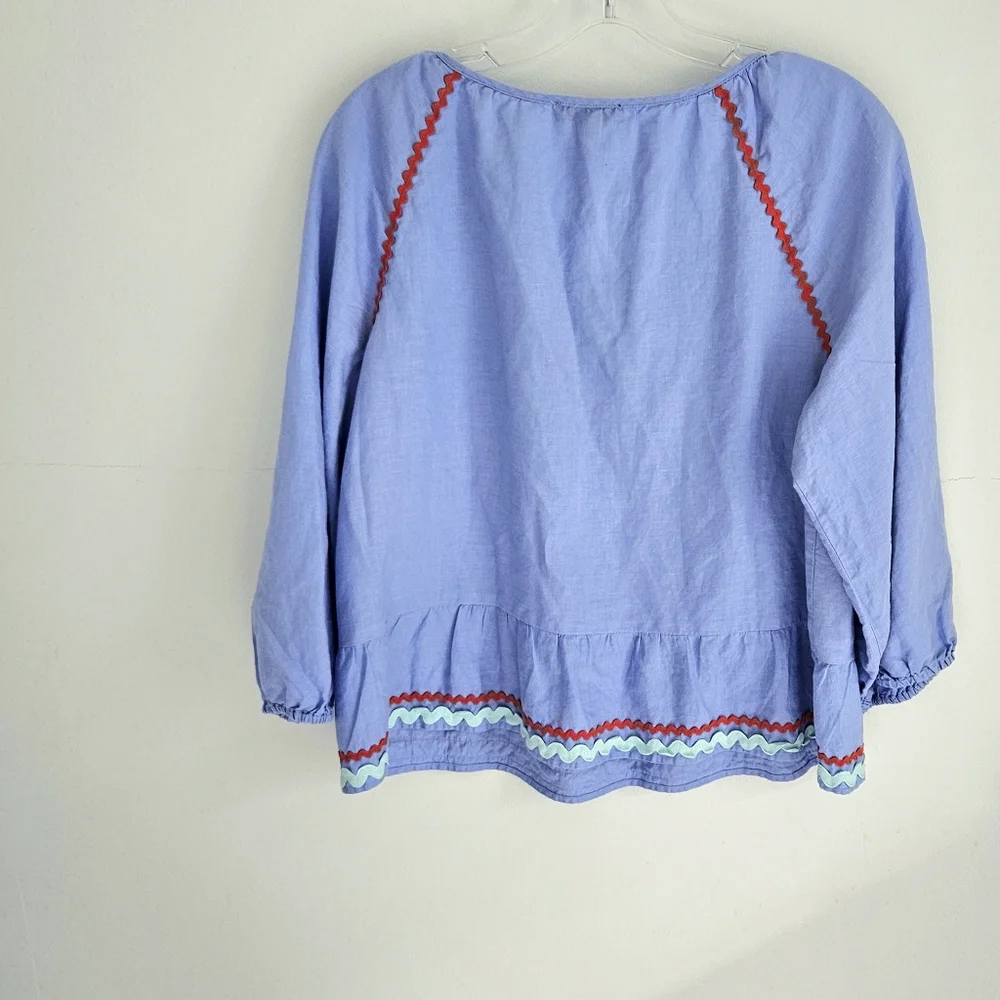 J. Crew Linen blend Peplum Blue ric rac blouse